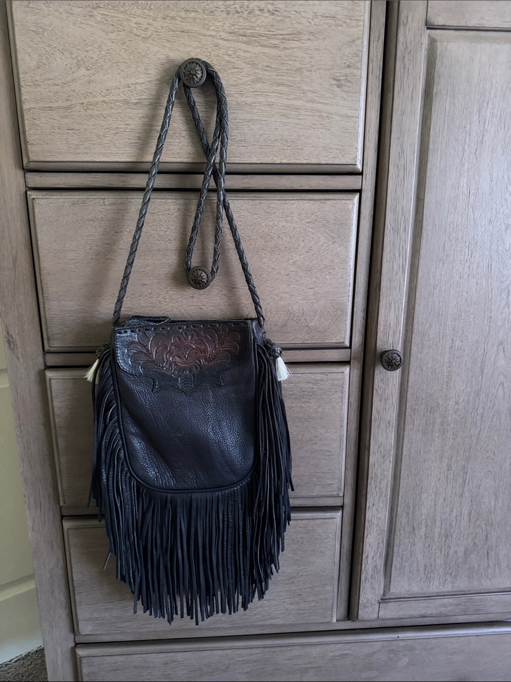 Fringed Leather Crossbody Bag - Black